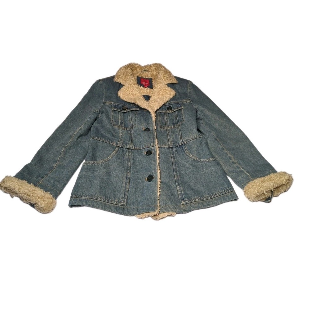 Vtg Esprit Denim Trucker Jacket M Penny Lane Sherpa Fur Trimmed Y2K Boho Coat